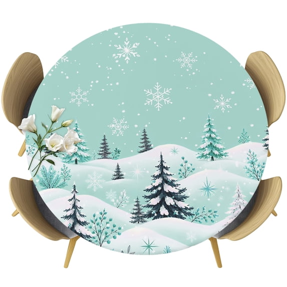 Round Fitted Tablecloths with Elastic Edge Winter Christmas Trees Oil-Proof Waterproof Wipeable Table Cover for Kitchen Dining Party Decor Snowflakes on Green Background Table Clothes,55" - 60"