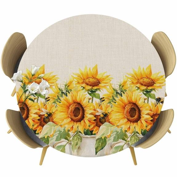 Round Fitted Tablecloths with Elastic Edge Yellow Sunflower on Vintage Linen Oil-Proof Waterproof Wipeable Table Cover for Kitchen Dining Party Decor Rustic Farmhouse Floral Table Clothes,36" - 44"