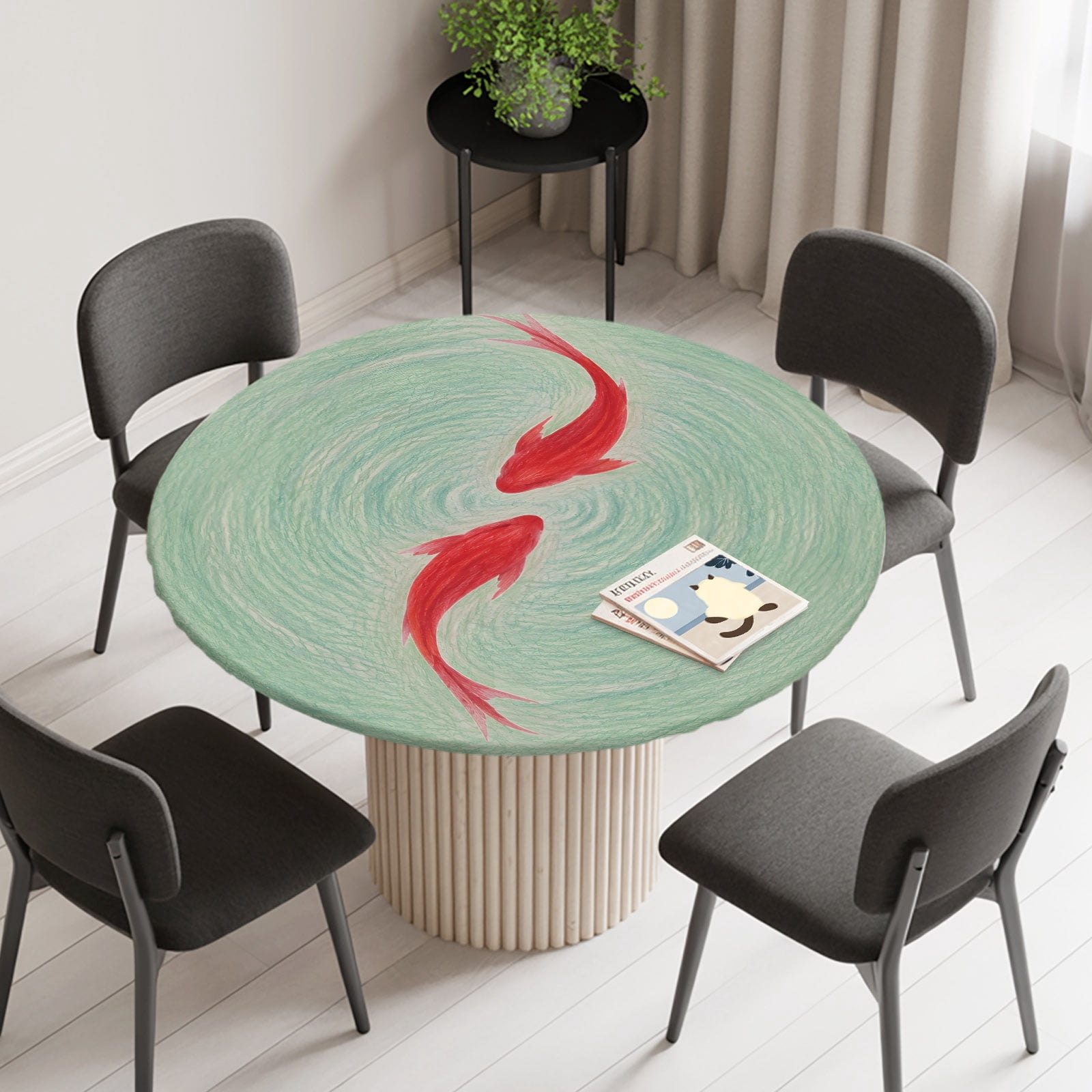 Round Fitted Tablecloths with Elastic Edge Zen Garden Red Fish Oil ...