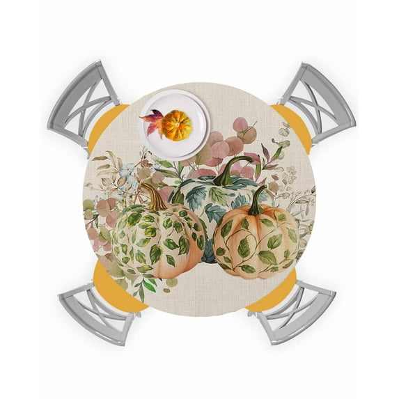 Round Fitted Tablecloths Fall Eucalyptus Leaf Pumpkins Thanksgiving Waterproof Table Cover for Kitchen Dining Party Farm Plant Retro Linen,36"-44"