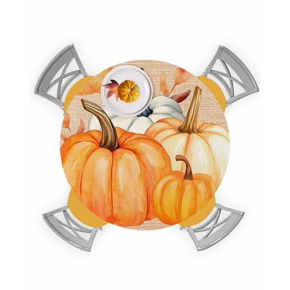 Round Fitted Tablecloths Fall Thanksgiving Orange Pumpkin Waterproof Table Cover for Kitchen Dining Party Decor Watercolor Oil Painting Art,36"-44"
