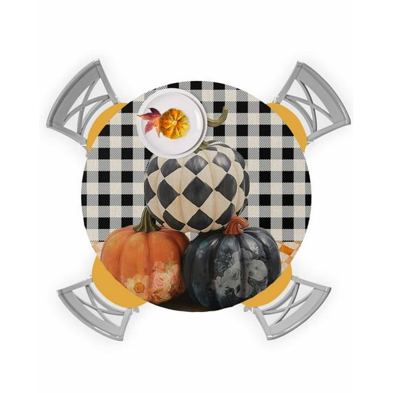 Round Fitted Tablecloths Fall Thanksgiving Pumpkin Black Buffalo Plaid Waterproof Table Cover for Kitchen Dining Party Orange Lattice Linen,36"-44"