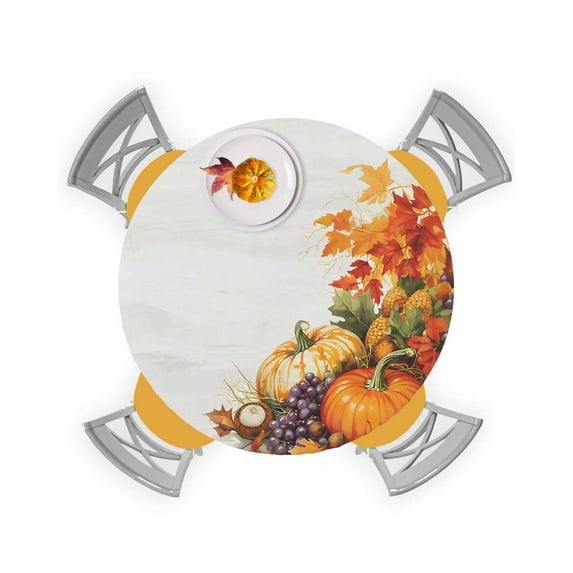 Round Fitted Tablecloths Fall Thanksgiving Watercolor Pumpkin Grapes Waterproof Table Cover for Kitchen Dining Party Farm Harvest Orange Border,45"-54"