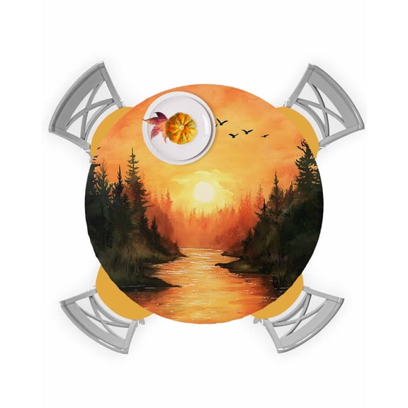 Round Fitted Tablecloths Gradient Orange Sky Sunset Waterproof Table Cover for Kitchen Dining Party Decor Retro Abstract Forest,36"-44"