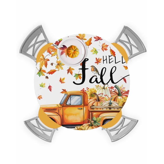 Round Fitted Tablecloths Ombre Maple Leaf Thanksgiving Waterproof Table Cover for Kitchen Dining Party Decor Farm Pumpkin Orange Truck,55"-60"