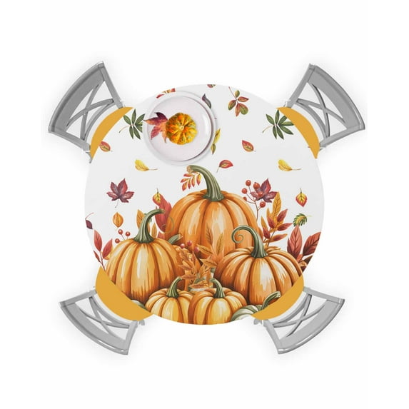Round Fitted Tablecloths Orange Pumpkin Thanksgiving Watercolor Maple Leaf Waterproof Table Cover for Kitchen Dining Party Decor Fall Harvest,55"-60"