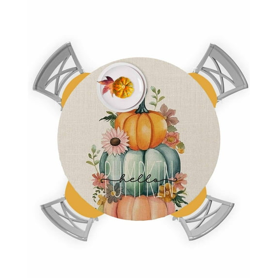 Round Fitted Tablecloths Pumpkin Flower Leaves Fall Thanksgiving Waterproof Table Cover for Kitchen Dining Party Farm Harvest Vintage Linen,45"-54"