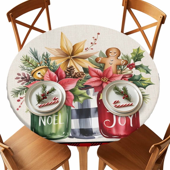 Round Fitted Tablecloths Retro Christmas Poinsettia Ginger Bread Man Waterproof Table Cover for Kitchen Dining Party Decor,55" - 60"