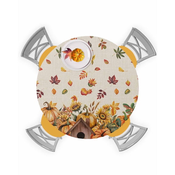 Round Fitted Tablecloths Thanksgiving Pumpkin Sunflower Barn Waterproof Table Cover for Kitchen Dining Party Decor Autumn Maple Leaves,45"-54"