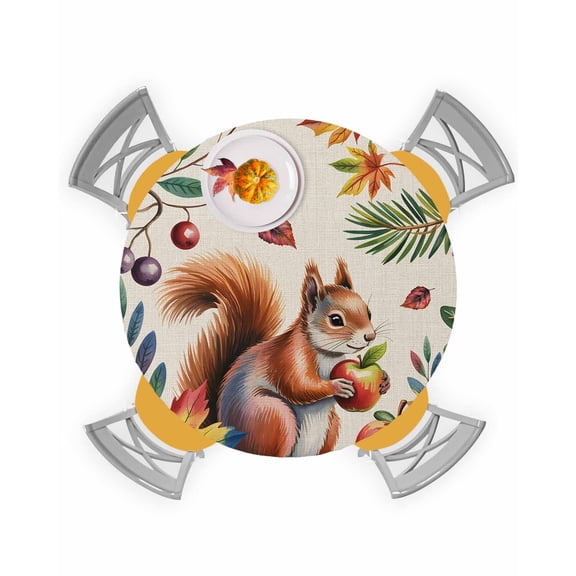 Round Fitted Tablecloths Thanksgiving Squirrel Hazelnuts Waterproof Table Cover for Kitchen Dining Party Fall Colorful Leaves Vintage Linen,55"-60"