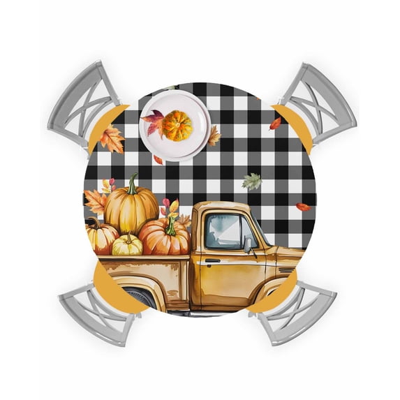 Round Fitted Tablecloths Thanksgiving Truck Ombre Pumpkin Waterproof Table Cover for Kitchen Dining Party Decor Maple Leaf Black Plaid,45"-54"