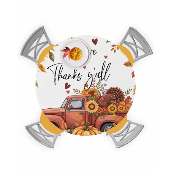 Round Fitted Tablecloths Thanksgiving Truck Turkey Pumpkin Waterproof Table Cover for Kitchen Dining Party Decor Orange Maple Leaves,45"-54"