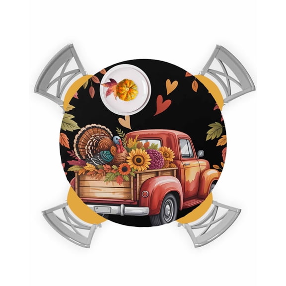 Round Fitted Tablecloths Thanksgiving Truck Turkey Sunflower Waterproof Table Cover for Kitchen Dining Party Decor Black,45"-54"
