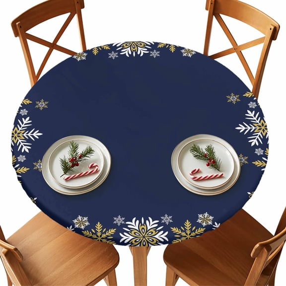 Round Fitted Tablecloths with Elastic Edge Abstract Gold White Snowflake Waterproof Table Cover for Kitchen Dining Party Decor,55" - 60"