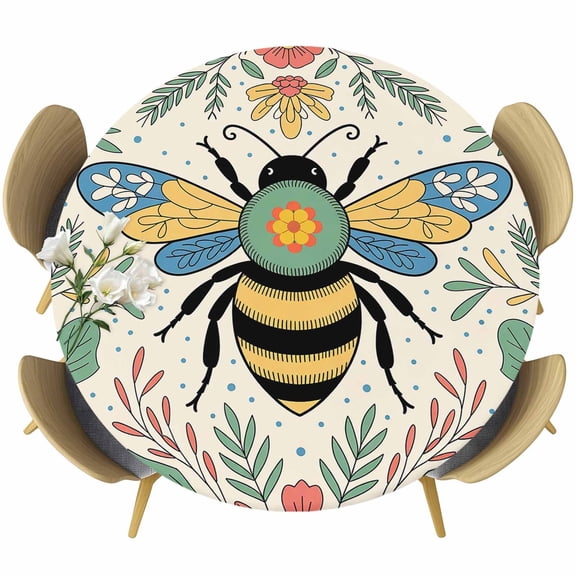 Round Fitted Tablecloths with Elastic Edge Bumble Bee Flower Leaves Oil-Proof Waterproof Wipeable Table Cover,45" - 54"