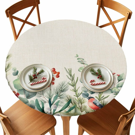 Round Fitted Tablecloths with Elastic Edge Christmas Bird Leaf Berry Waterproof Table Cover for Kitchen Dining Party Decor,36" - 44"