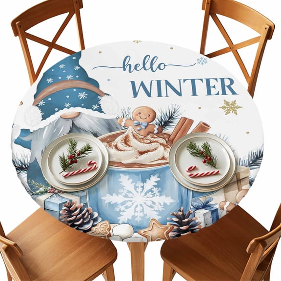 Round Fitted Tablecloths with Elastic Edge Christmas Blue Gnome Ginger Bakers Waterproof Table Cover for Kitchen Dining Party Decor,55" - 60"