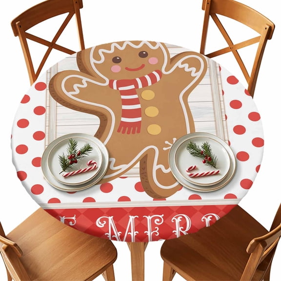 Round Fitted Tablecloths with Elastic Edge Christmas Cute Ginger Bread Man Waterproof Table Cover for Kitchen Dining Party Decor,55" - 60"