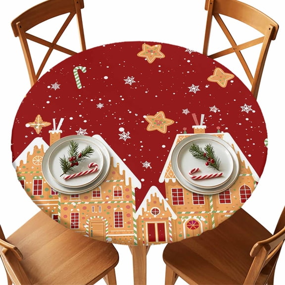 Round Fitted Tablecloths with Elastic Edge Christmas Ginger Bread House Waterproof Table Cover for Kitchen Dining Party Decor,55" - 60"