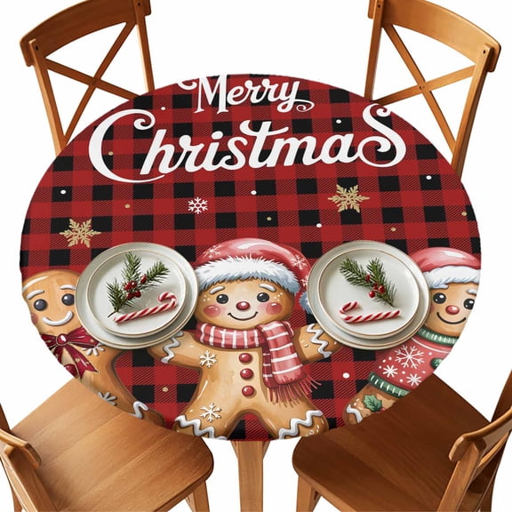 Round Fitted Tablecloths with Elastic Edge Christmas Ginger Bread Man Snowflakes Waterproof Table Cover for Kitchen Dining Party Decor,55" - 60"