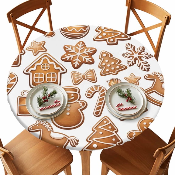 Round Fitted Tablecloths with Elastic Edge Christmas Ginger Bread Man Waterproof Table Cover for Kitchen Dining Party Decor,55" - 60"