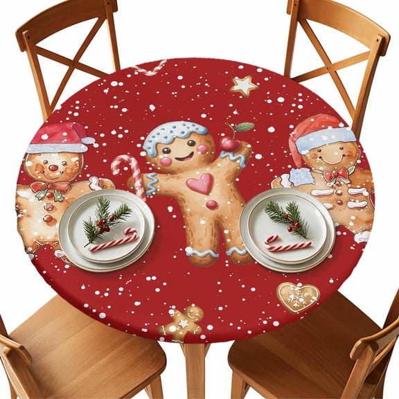 Round Fitted Tablecloths with Elastic Edge Christmas Ginger Cookies Candy Waterproof Table Cover for Kitchen Dining Party Decor,55" - 60"