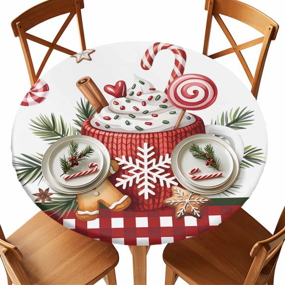 Round Fitted Tablecloths with Elastic Edge Christmas Ginger Cookies Coffee Waterproof Table Cover for Kitchen Dining Party Decor,55" - 60"