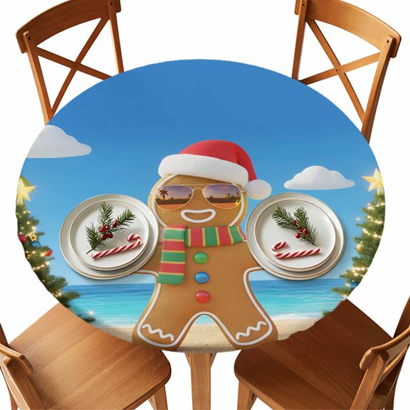 Round Fitted Tablecloths with Elastic Edge Christmas Tree Funny Ginger Bread Man Waterproof Table Cover for Kitchen Dining Party Decor,55" - 60"