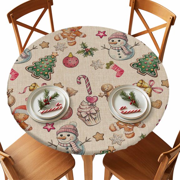 Round Fitted Tablecloths with Elastic Edge Christmas Tree Snowman Ginger Bread Man Waterproof Table Cover for Kitchen Dining Party Decor,55" - 60"