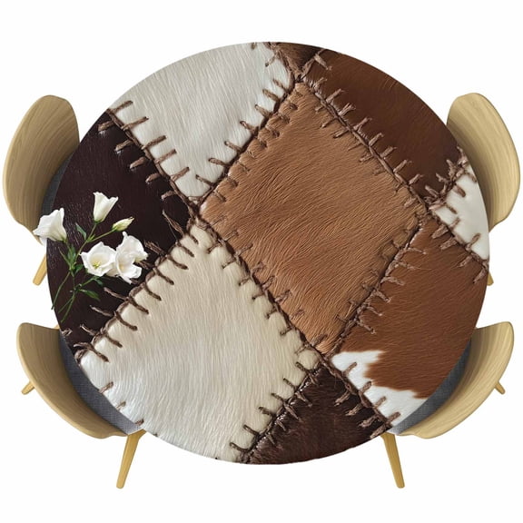 Round Fitted Tablecloths with Elastic Edge Cowhide Leather Collage Art Oil-Proof Waterproof Wipeable Table Cover,45" - 54"