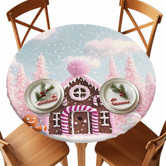 Round Fitted Tablecloths with Elastic Edge Dreamy Ginger-cake People Waterproof Table Cover for Kitchen Dining Party Decor,55" - 60"