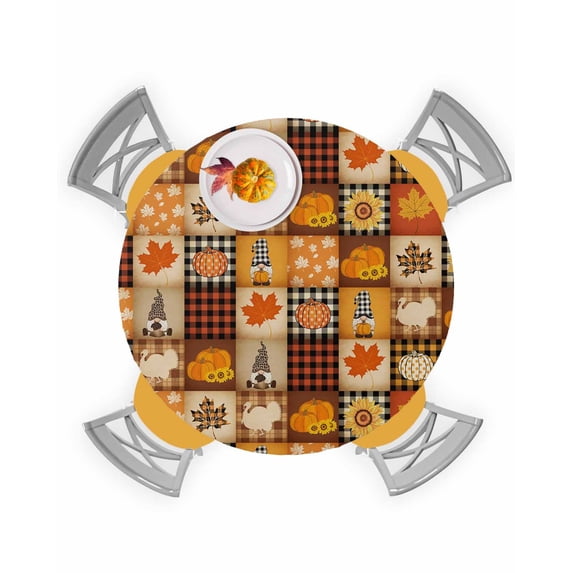 Round Fitted Tablecloths with Elastic Edge Fall Thanksgiving Pumpkin Gnome Maple Leaf Waterproof Table Cover for Kitchen Dining Party Decor,55" - 60"