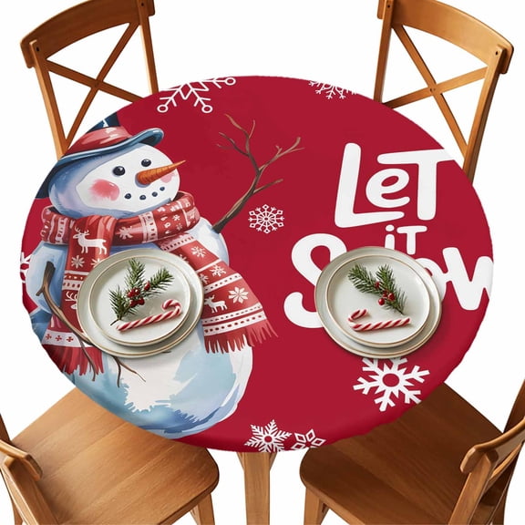 Round Fitted Tablecloths with Elastic Edge Let Snow Words on Red Background Waterproof Table Cover for Kitchen Dining Party Decor,36" - 44"
