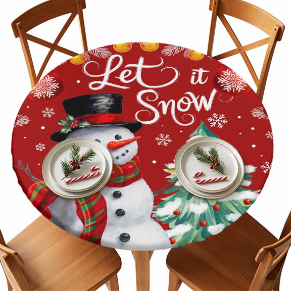 Round Fitted Tablecloths with Elastic Edge Let Snow Words on Red Waterproof Table Cover for Kitchen Dining Party Decor,45" - 54"