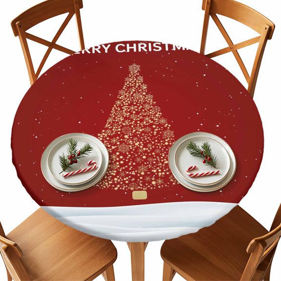 Round Fitted Tablecloths with Elastic Edge Merry CHRISTMAS Words on Red Waterproof Table Cover for Kitchen Dining Party Decor,36" - 44"