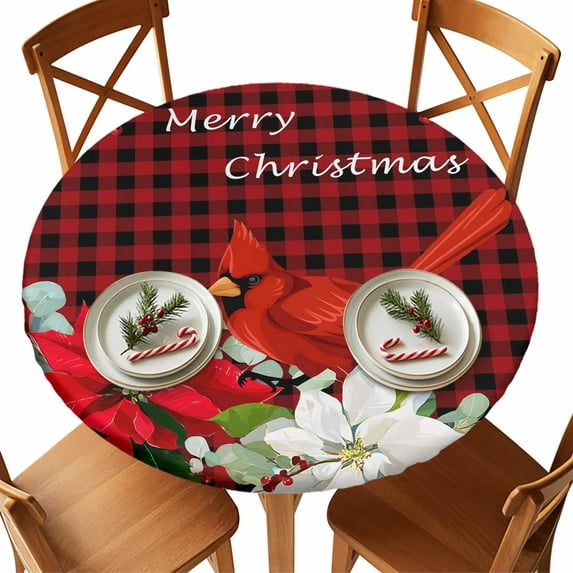 Round Fitted Tablecloths with Elastic Edge Merry Christmas Bird Poinsettia Waterproof Table Cover for Kitchen Dining Party Decor,55" - 60"