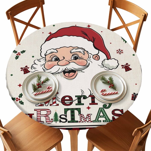 Round Fitted Tablecloths with Elastic Edge Merry Christmas Words on Linen Waterproof Table Cover for Kitchen Dining Party Decor,36" - 44"