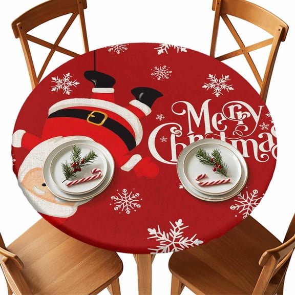 Round Fitted Tablecloths with Elastic Edge Merry Christmas Words on Red Waterproof Table Cover for Kitchen Dining Party Decor,36" - 44"