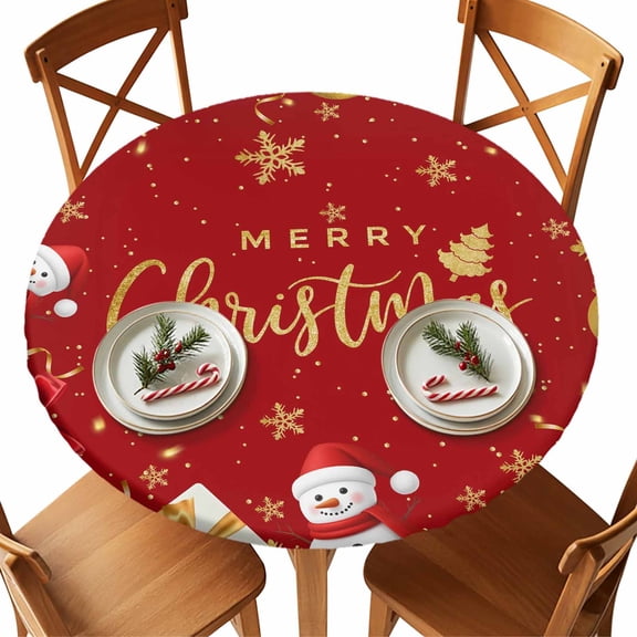 Round Fitted Tablecloths with Elastic Edge Merry Christmas Words on Red Waterproof Table Cover for Kitchen Dining Party Decor,36" - 44"