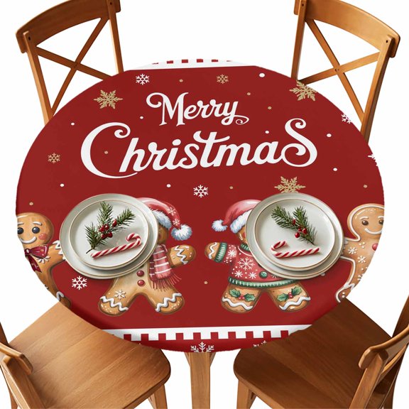 Round Fitted Tablecloths with Elastic Edge Merry Christmas Words on Red Waterproof Table Cover for Kitchen Dining Party Decor,36" - 44"