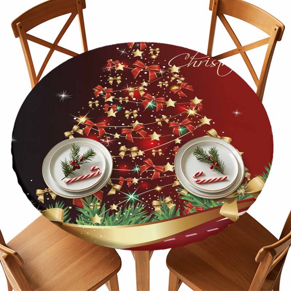 Round Fitted Tablecloths with Elastic Edge Merry Christmas Words on Red Waterproof Table Cover for Kitchen Dining Party Decor,36" - 44"