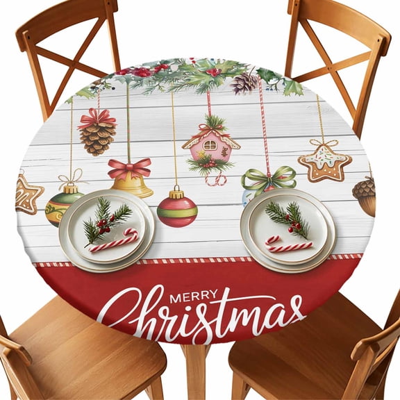 Round Fitted Tablecloths with Elastic Edge Merry Christmas Words on Red Waterproof Table Cover for Kitchen Dining Party Decor,36" - 44"