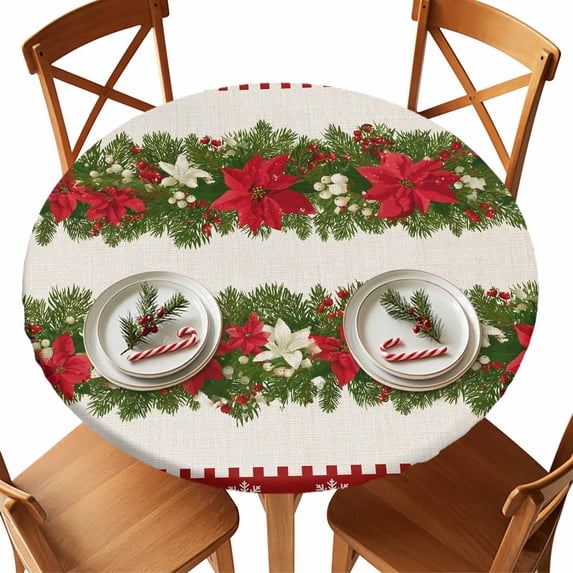 Round Fitted Tablecloths with Elastic Edge Merry Xmas Poinsettia Hazelnuts Waterproof Table Cover for Kitchen Dining Party Decor,36" - 44"