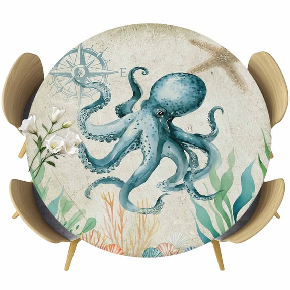 Round Fitted Tablecloths with Elastic Edge Nautical Sea Monster Octopus Oil-Proof Waterproof Wipeable Table Cover,45" - 54"