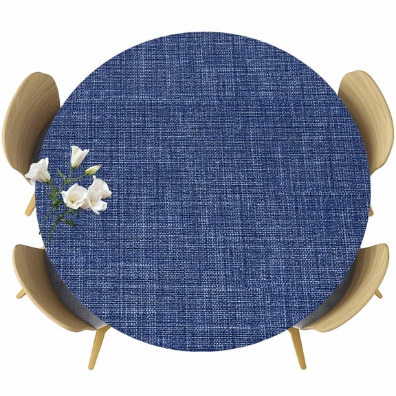 Round Fitted Tablecloths with Elastic Edge Navy Blue Retro Linen Oil-Proof Waterproof Wipeable Table Cover,36" - 44"