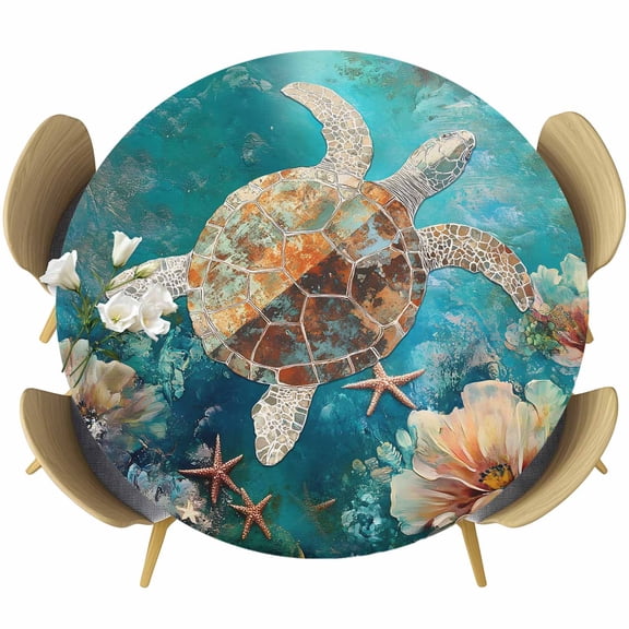Round Fitted Tablecloths with Elastic Edge Ocean Submarine Coral Turtle Starfish Oil-Proof Waterproof Wipeable Table Cover,55" - 60"