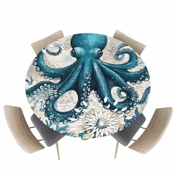 Round Fitted Tablecloths with Elastic Edge Octopus Ocean Coral Sea Monster Waterproof Table Cover for Kitchen Dining Party Decor,45" - 54"