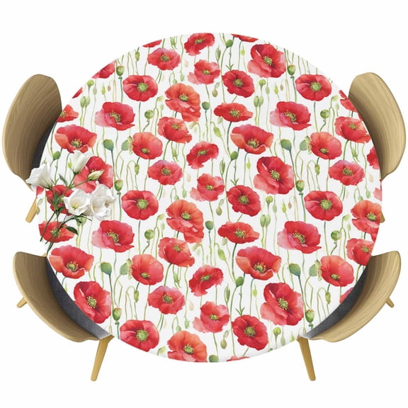 Round Fitted Tablecloths with Elastic Edge Pastoral Poppy Floral Field Oil-Proof Waterproof Wipeable Table Cover,36" - 44"