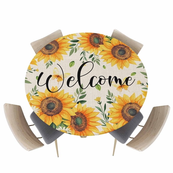 Round Fitted Tablecloths with Elastic Edge Pastoral Sunflower Leaves on Linen Waterproof Table Cover for Kitchen Dining Party Decor,55" - 60"