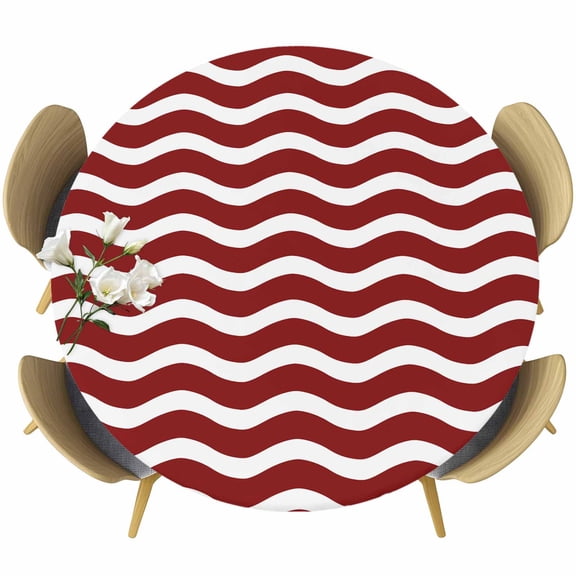 Round Fitted Tablecloths with Elastic Edge Red White Stripe Water Ripple Oil-Proof Waterproof Wipeable Table Cover,55" - 60"
